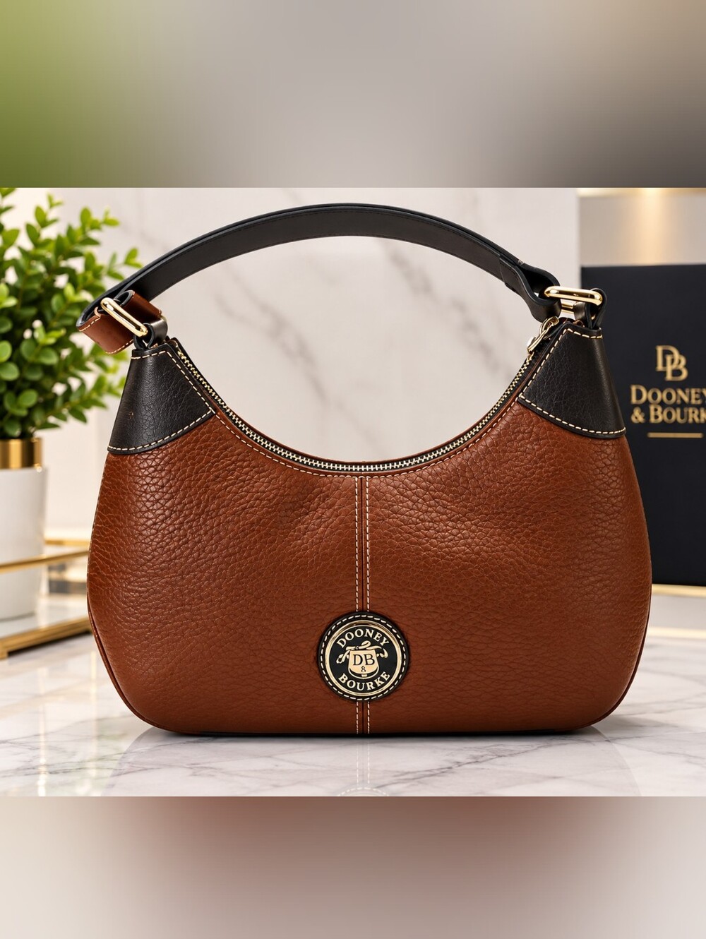 Dooney & Bourke Brown Leather Shoulder Bag with Black Trim